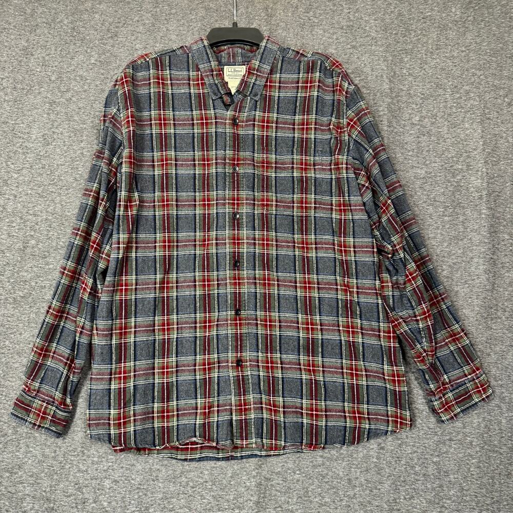 L.L. Bean Mens Plaid Flannel Button Down Shirt Size XL Gray Outdoors Chore Barn